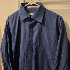Perry Ellis Mens Large Navy Blue Textured Stripe Long Sleeve Button Down Shirt